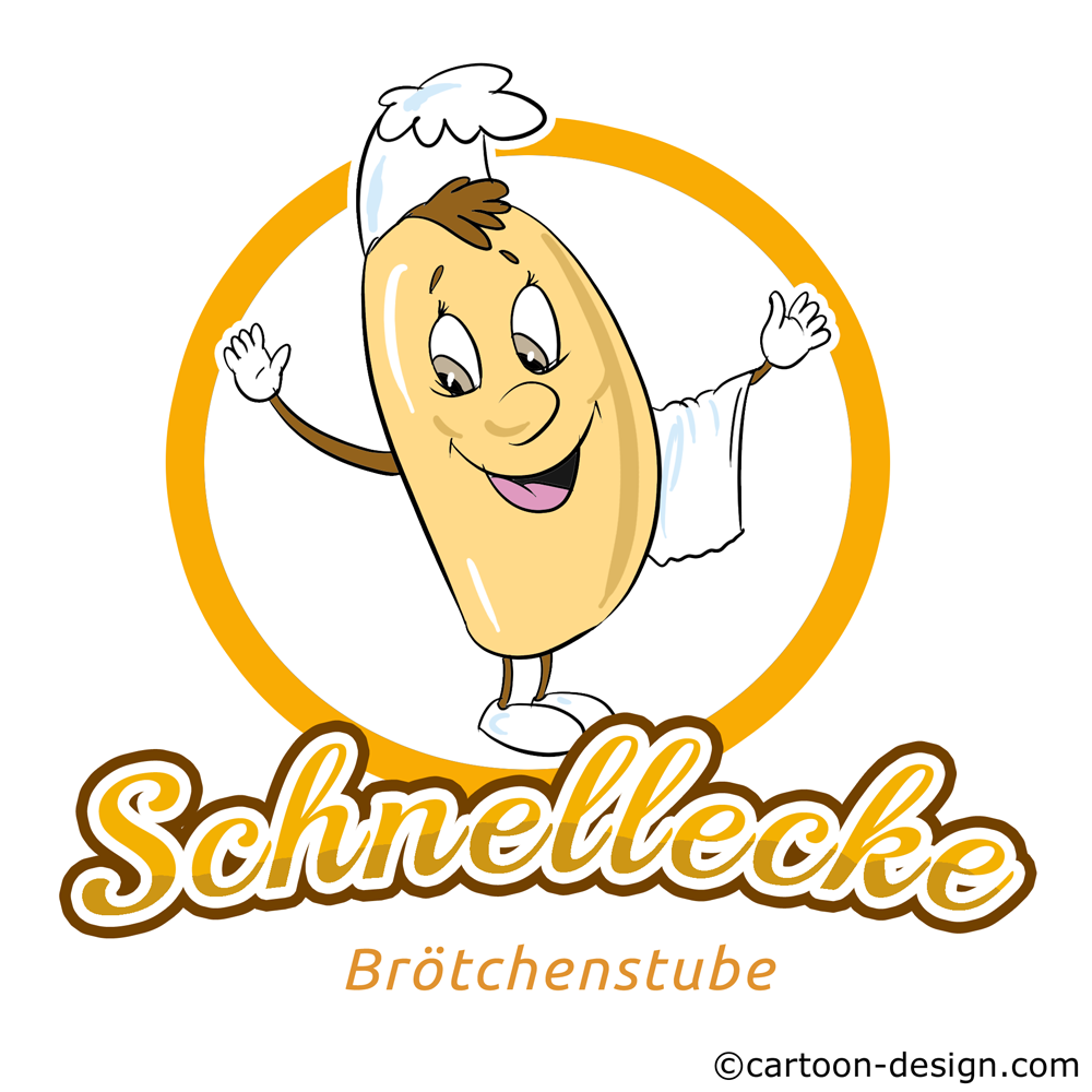 Cartoon-Logo mit Brötchen-Maskottchen für Bäckerei Schnellecke