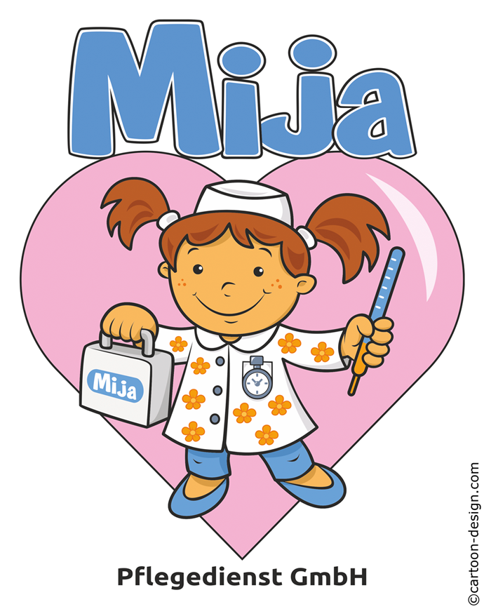 Cartoon-Logo der Mija Pflegedienst – freundliche Comic-Krankenschwester mit Koffer und Thermometer vor Herzsymbol