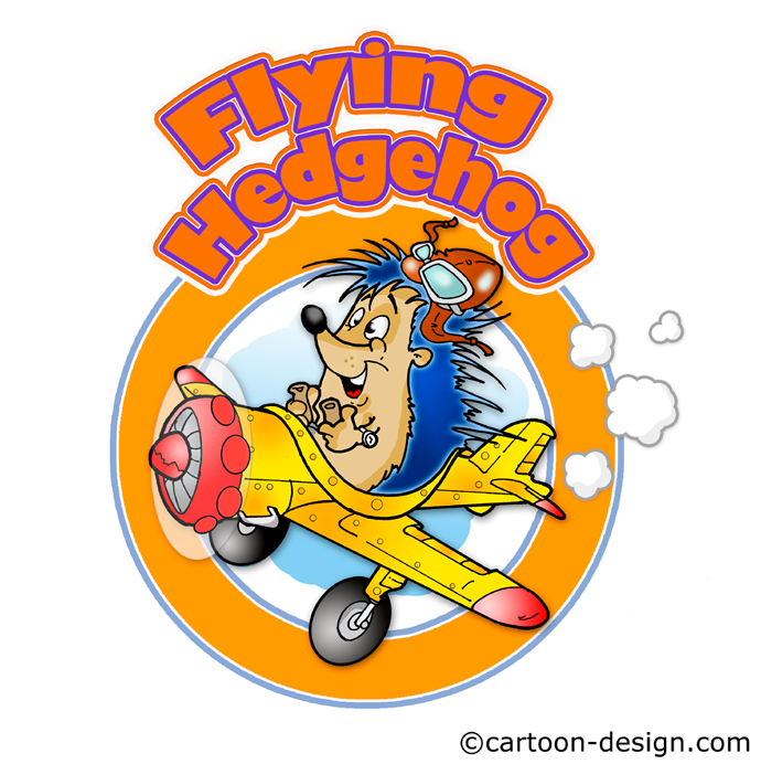 Cartoon-Logo: Igel-Pilot im Flugzeug für Flying Hedgehog