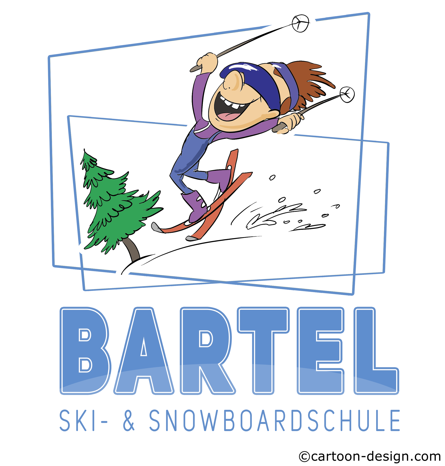 Cartoon-Logo mit Skifahrerin als Maskottchen für die Bartel Ski- & Snowboardschule
